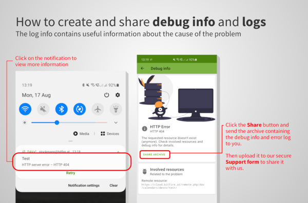 How to create and share debug info and logs from an error notification