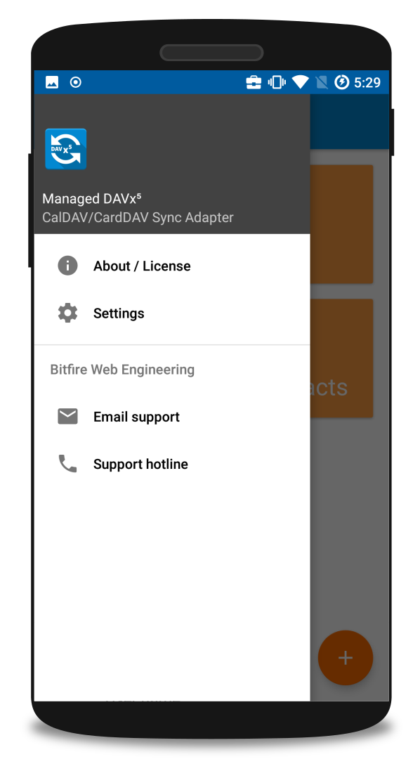 Managed DAVx⁵ drawer screenshot