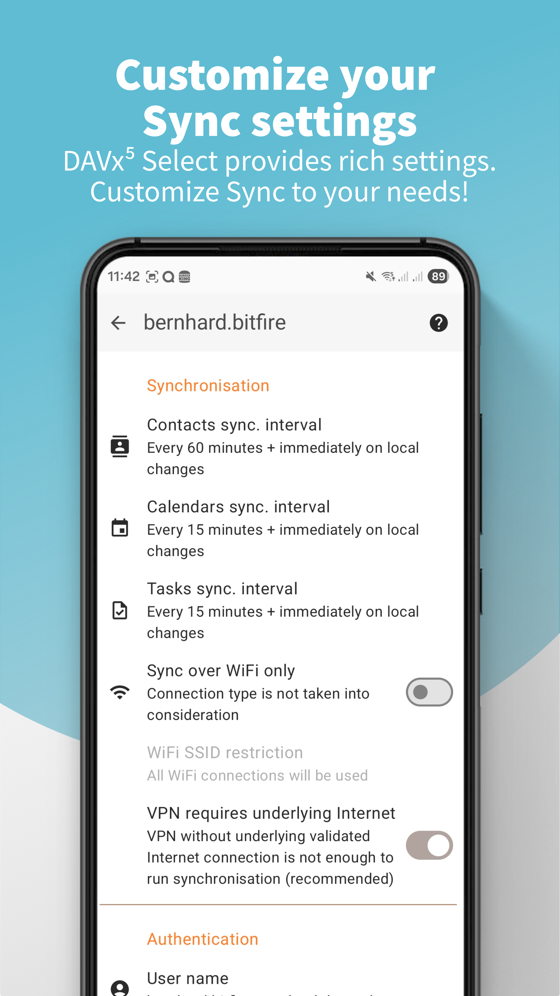 DAVx5 Select account settings