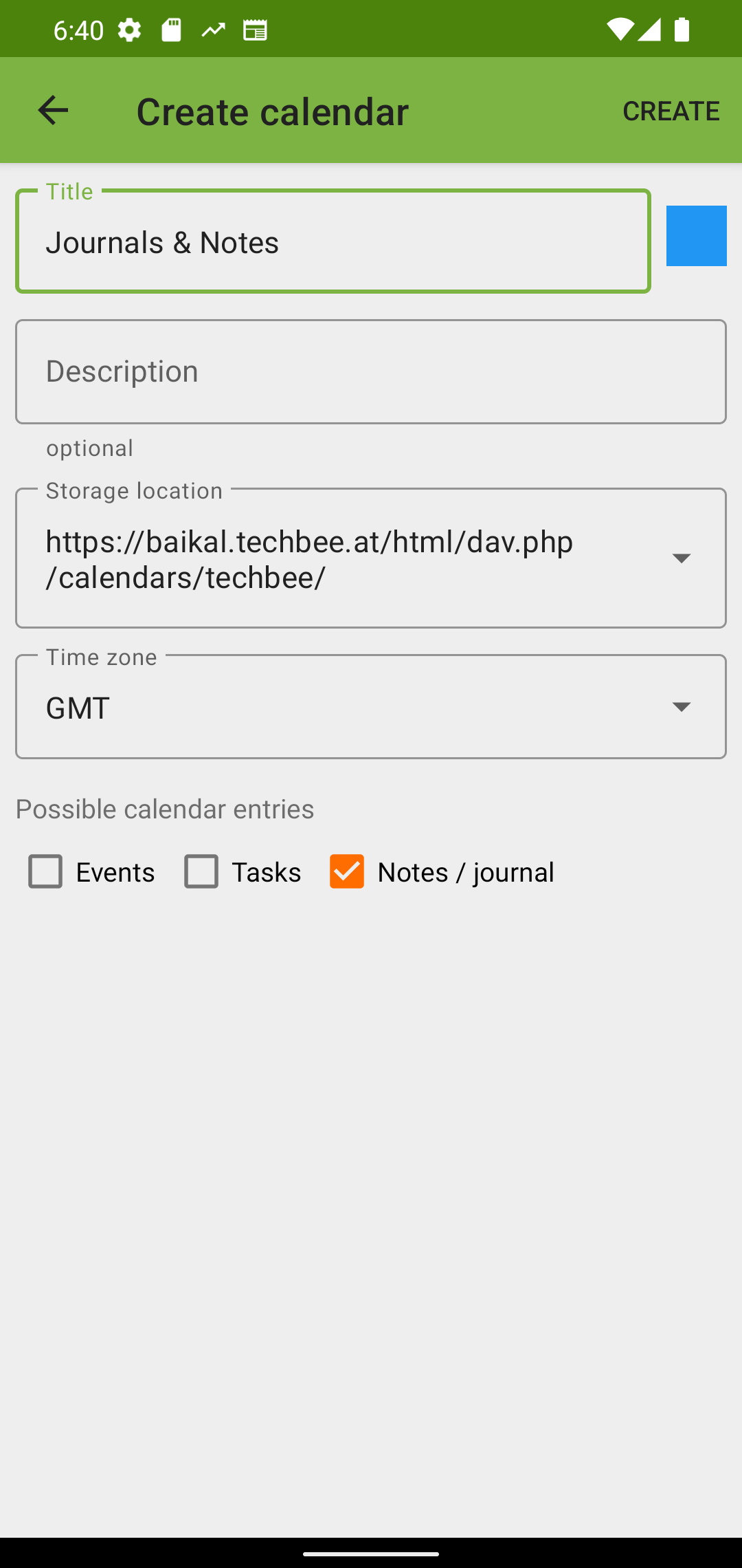 Screenshot of DAVx⁵ with the screen to add a new collection with Journal support